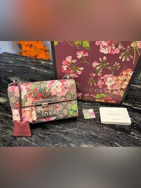Gucci Floral GG Supreme Shoulder Bag in Pink and Green Bloom Bag